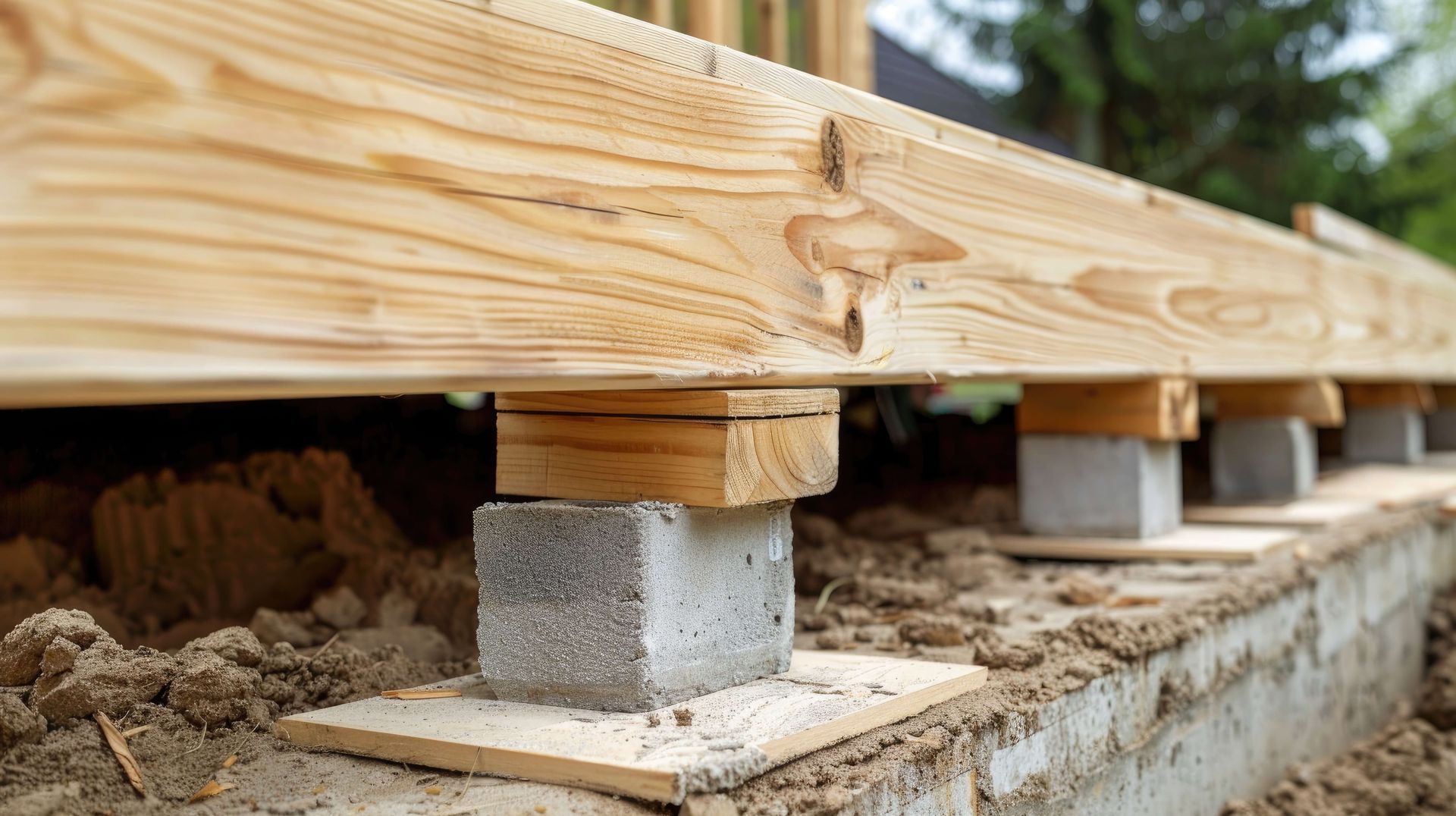 A wooden deck is being built on concrete blocks.