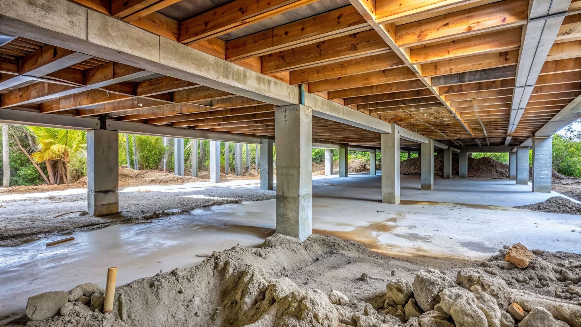 A building under construction with wooden beams and concrete pillars.
