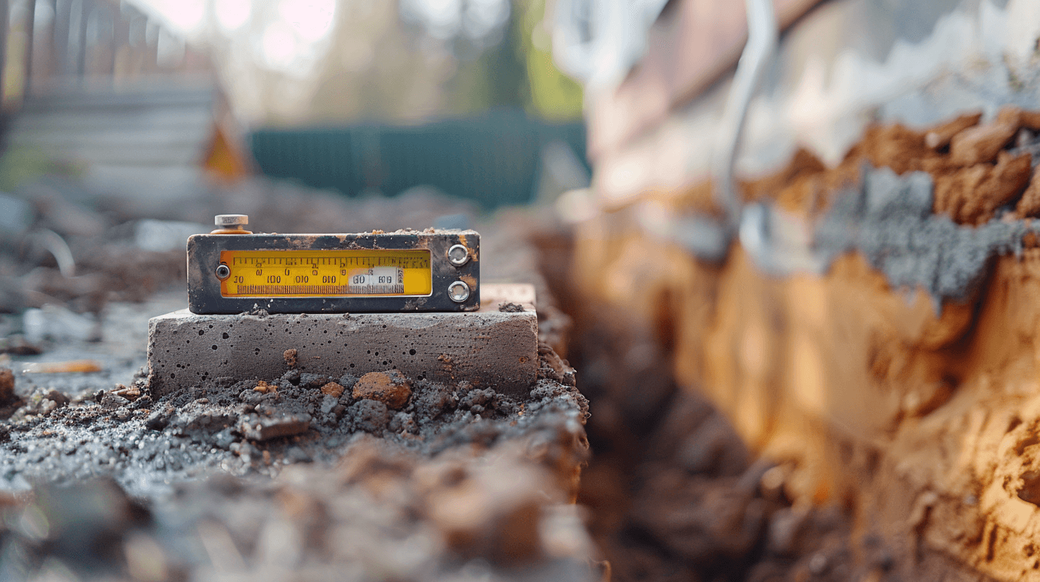 A level is sitting on top of a concrete block in the dirt.