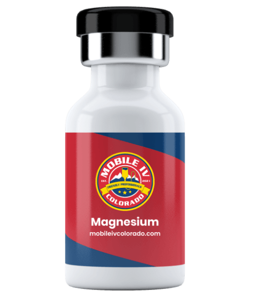 A bottle of mobile iv colorado magnesium on a white background.