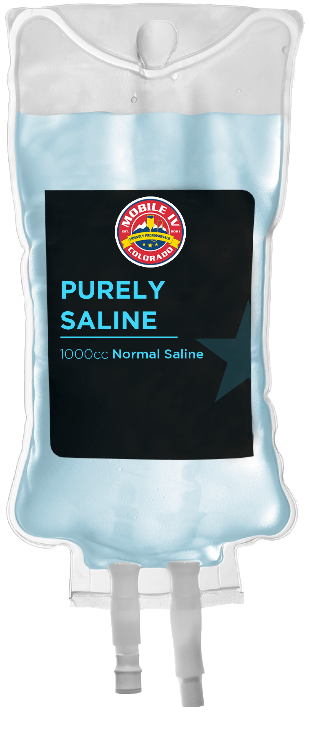 A bag of purely saline is hanging on a wall.
