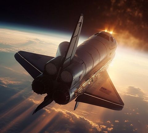 Space shuttle in flight above Earth, representing aerospace machining.