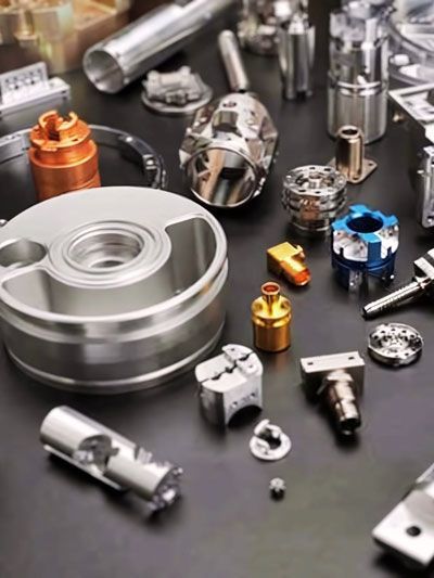 Assorted metal machine parts in silver, gold, orange, and blue on a black surface.