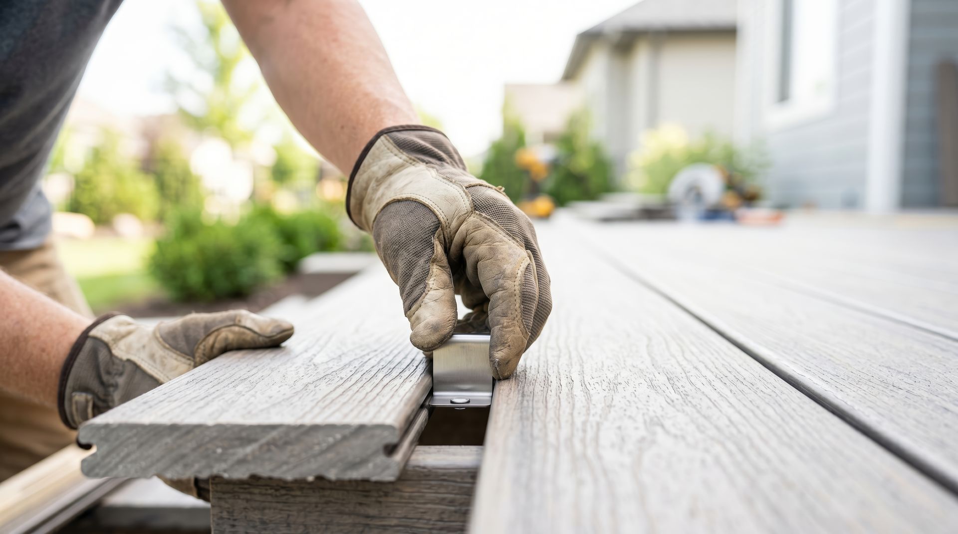 Close-up of a deck contractor's gloved hand securing a decking board with a hidden clip. Close-up of a deck contractor's gloved hand securing a decking board with a hidden clip.