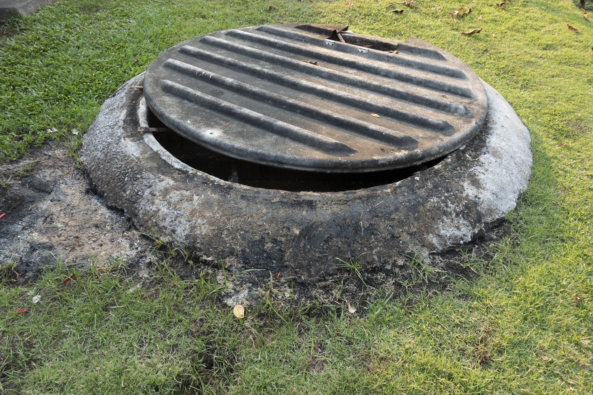 Open concrete manhole in green grass.