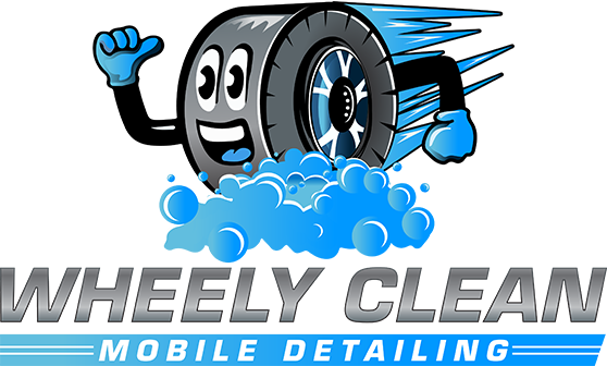 Cartoon tire character, washing itself with blue bubbles, text reads "Wheely Clean Mobile Detailing".
