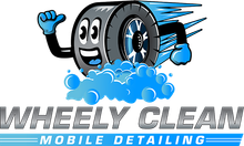 Cartoon tire character, washing itself with blue bubbles, text reads "Wheely Clean Mobile Detailing".