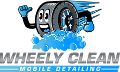 Cartoon tire character, washing itself with blue bubbles, text reads "Wheely Clean Mobile Detailing".