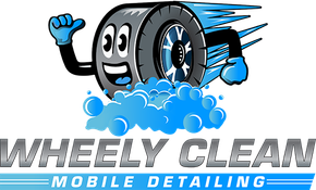 Cartoon tire character, washing itself with blue bubbles, text reads "Wheely Clean Mobile Detailing".