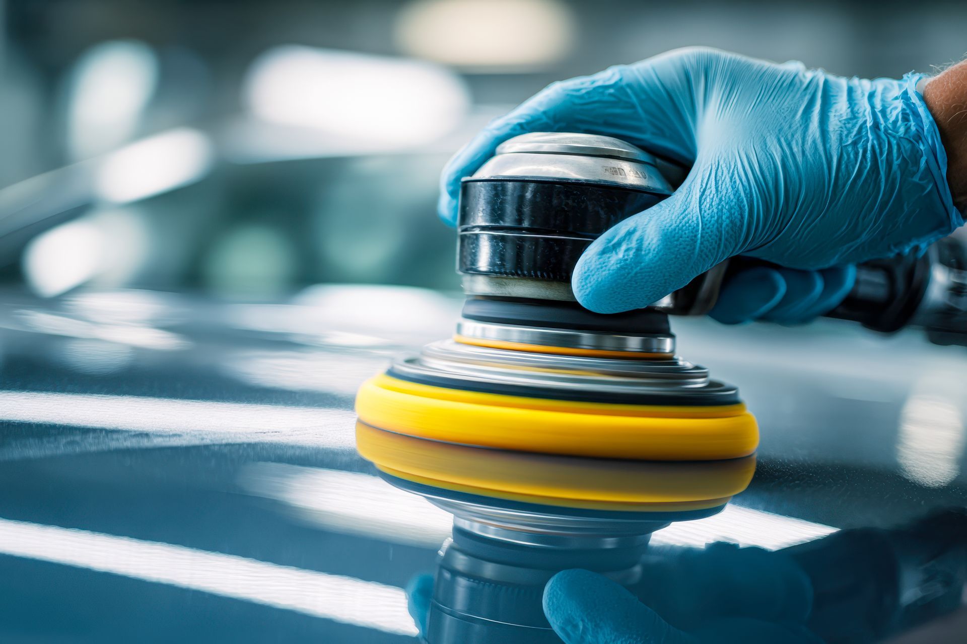 Gloved hand using a car polisher on a car's blue surface.