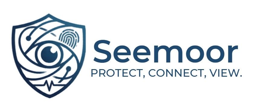 Blue eye-shaped logo with the word