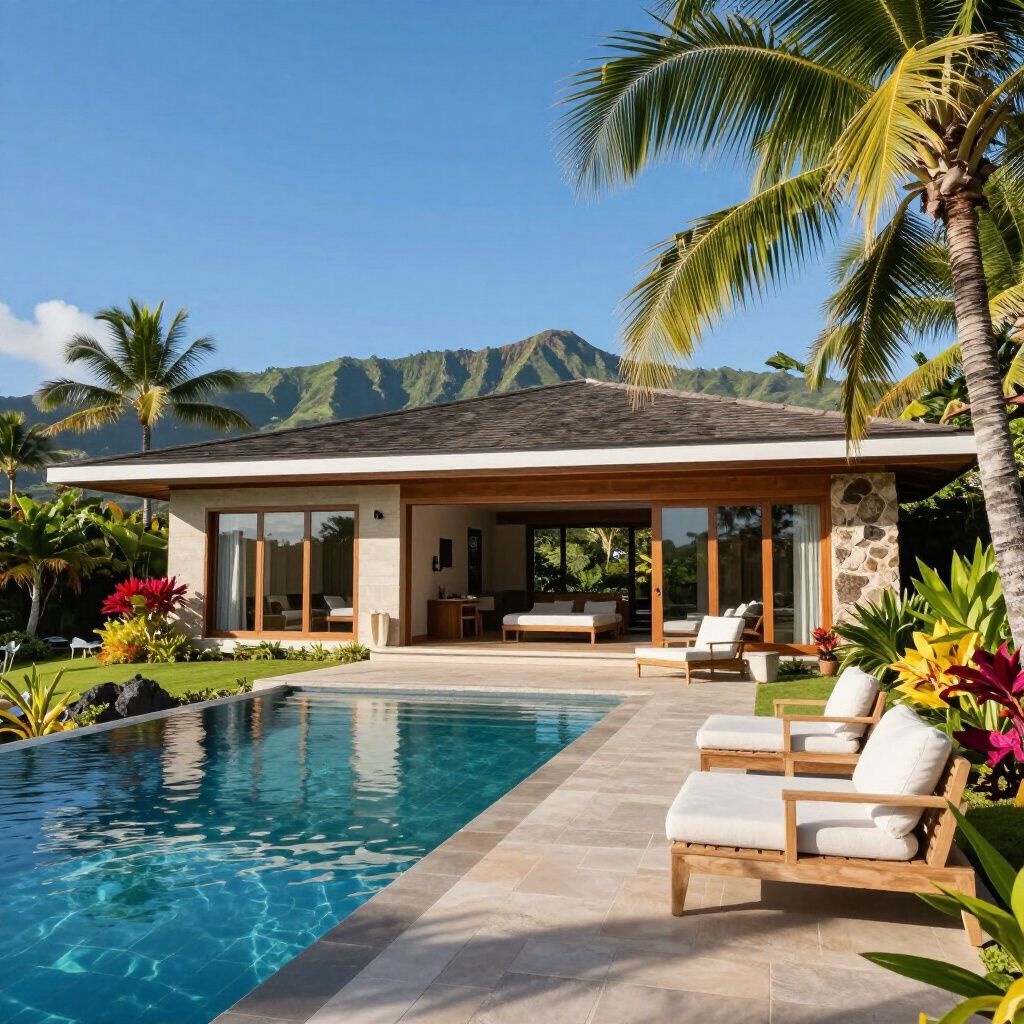 Luxury villa with pool and mountain view, surrounded by tropical plants.