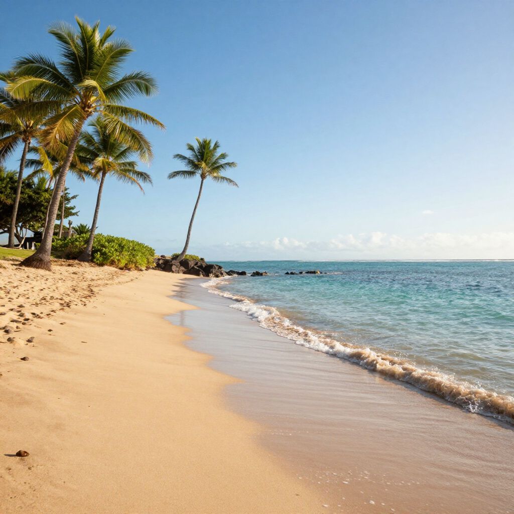Sandy beach with palm trees, blue ocean, and a clear sky.