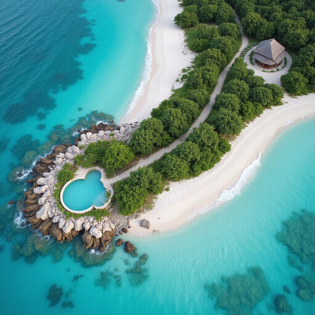 Aerial view of a tropical island with turquoise water, sandy beaches, lush trees, and a pool.