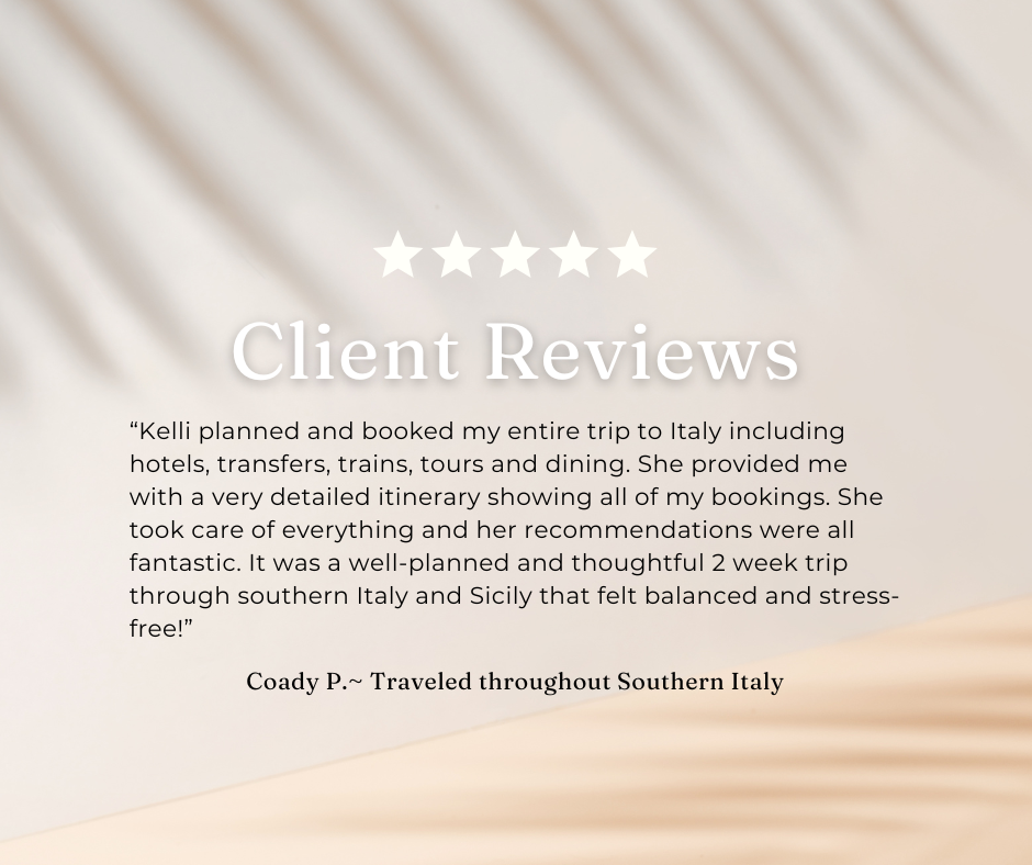 Client review: 5-star rating, testimonial about Keli planning a trip to Italy, including hotels, transfers, and tours.