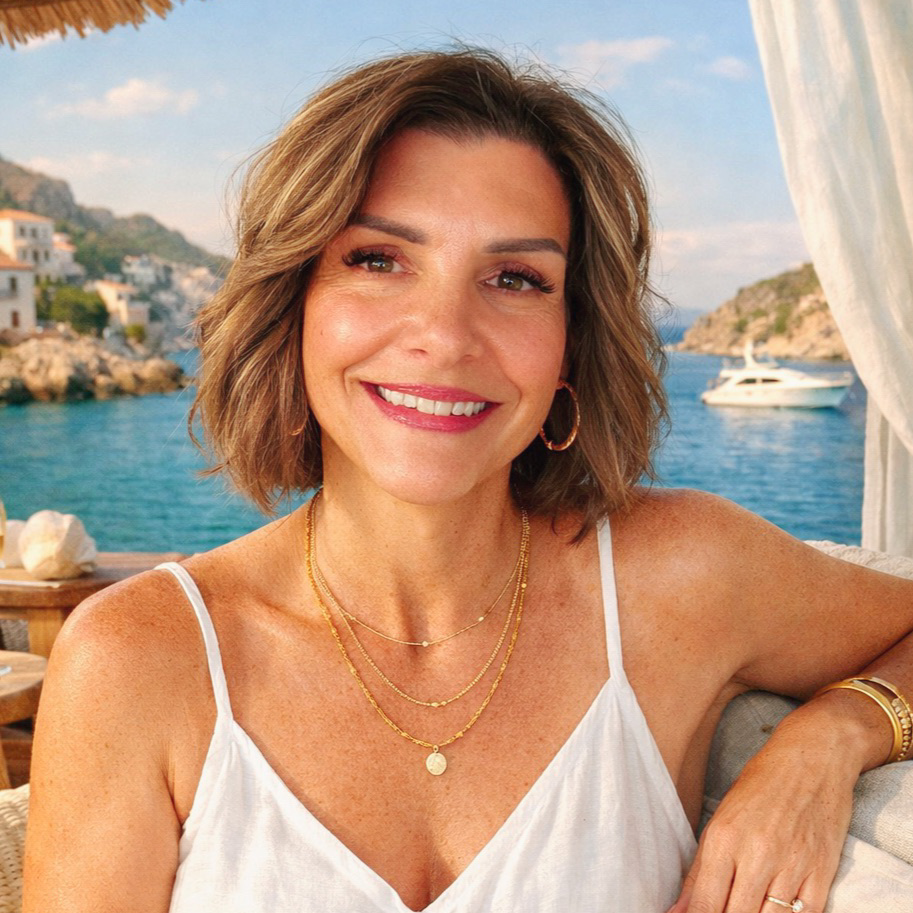 A smiling person with shoulder-length brown hair wears a white top and layered necklaces at a coastal Mediterranean resort.