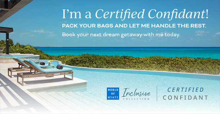 Certified Confidant travel ad with poolside lounge chairs, turquoise sea, and blue sky.