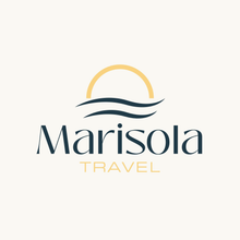 Logo for Marisola Travel featuring a yellow sun rising over stylized dark blue waves above the brand name.