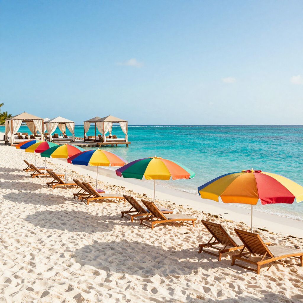 Beach scene with colorful umbrellas, lounge chairs, cabanas, and turquoise water.