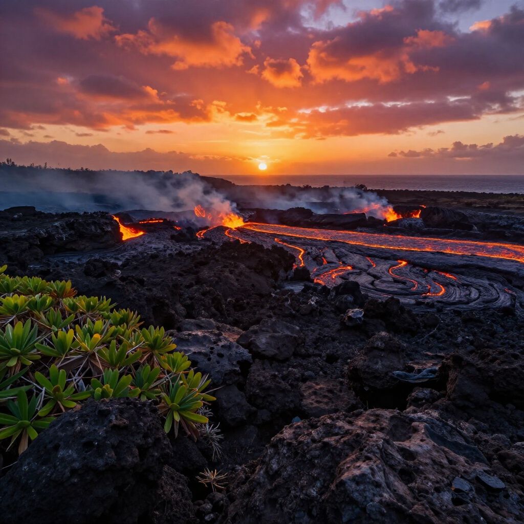 Lava flows toward the ocean at sunset; orange molten rock, dark landscape, and fiery sky.