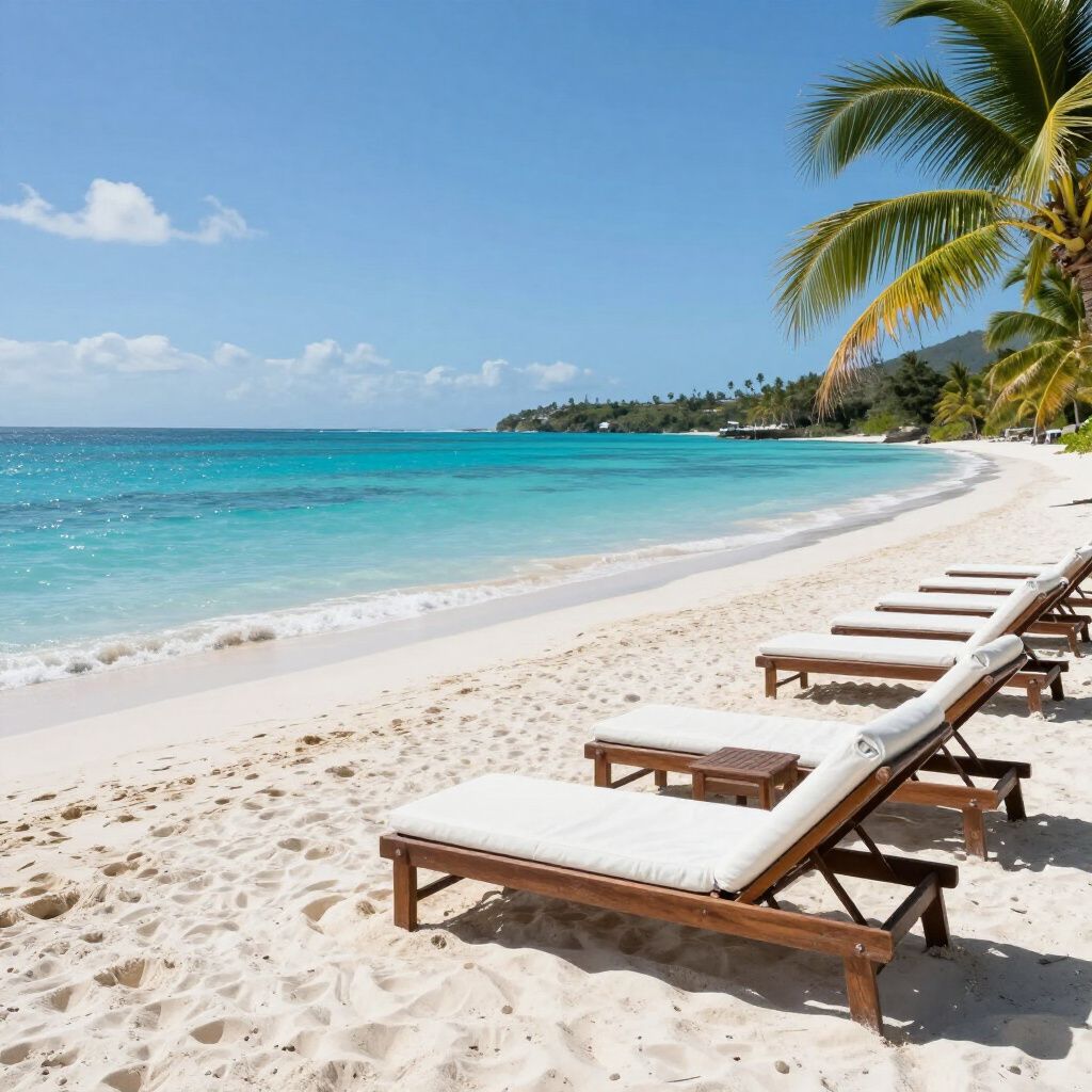 Beach with white sand, turquoise water, and lounge chairs under a blue sky with palm trees.