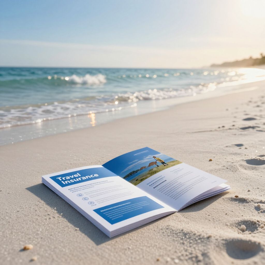 Brochure on travel insurance open on a sandy beach next to the ocean.