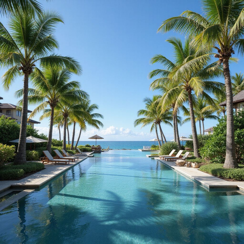 Infinity pool with palm trees, ocean view, and lounge chairs under a clear blue sky.