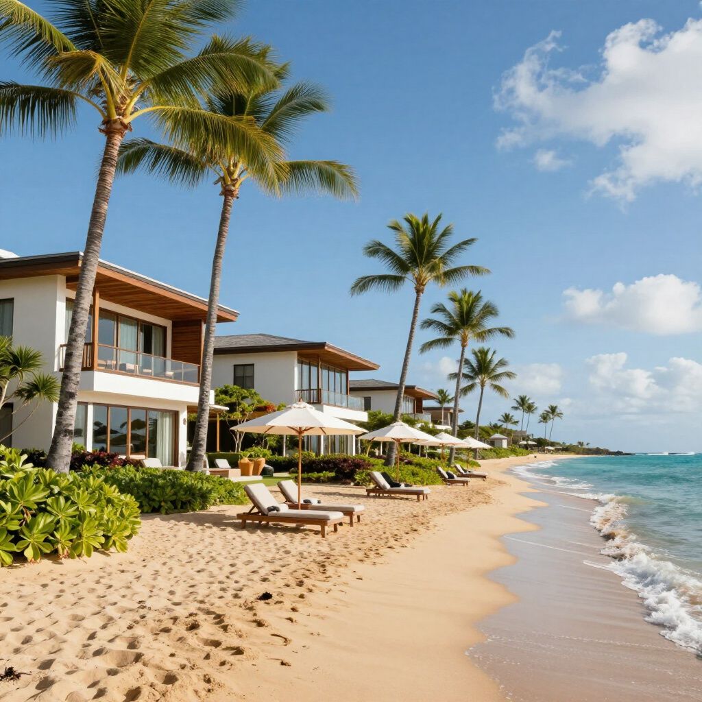 Beachfront villas with palm trees and lounge chairs on a sandy beach.