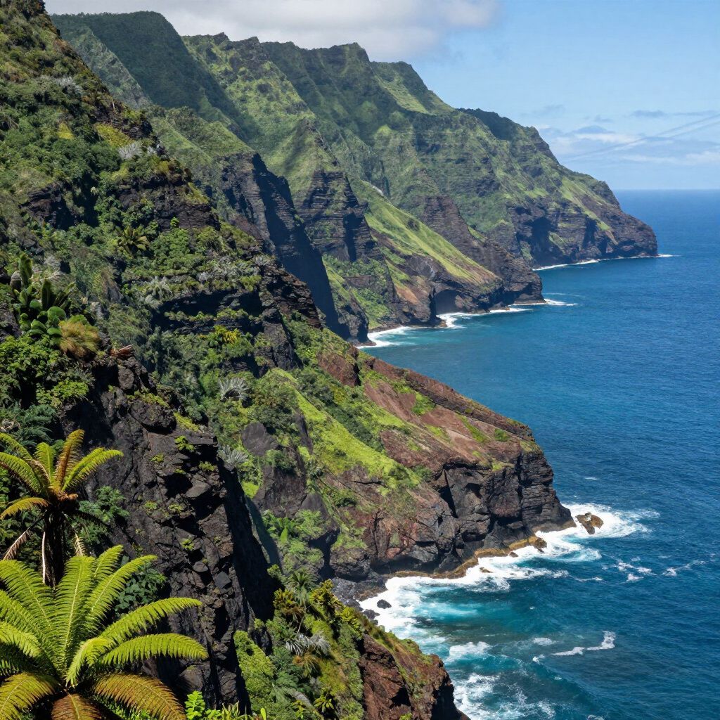 Green, rocky cliffs meet the blue ocean. Palm trees dot the foreground, bright sun.