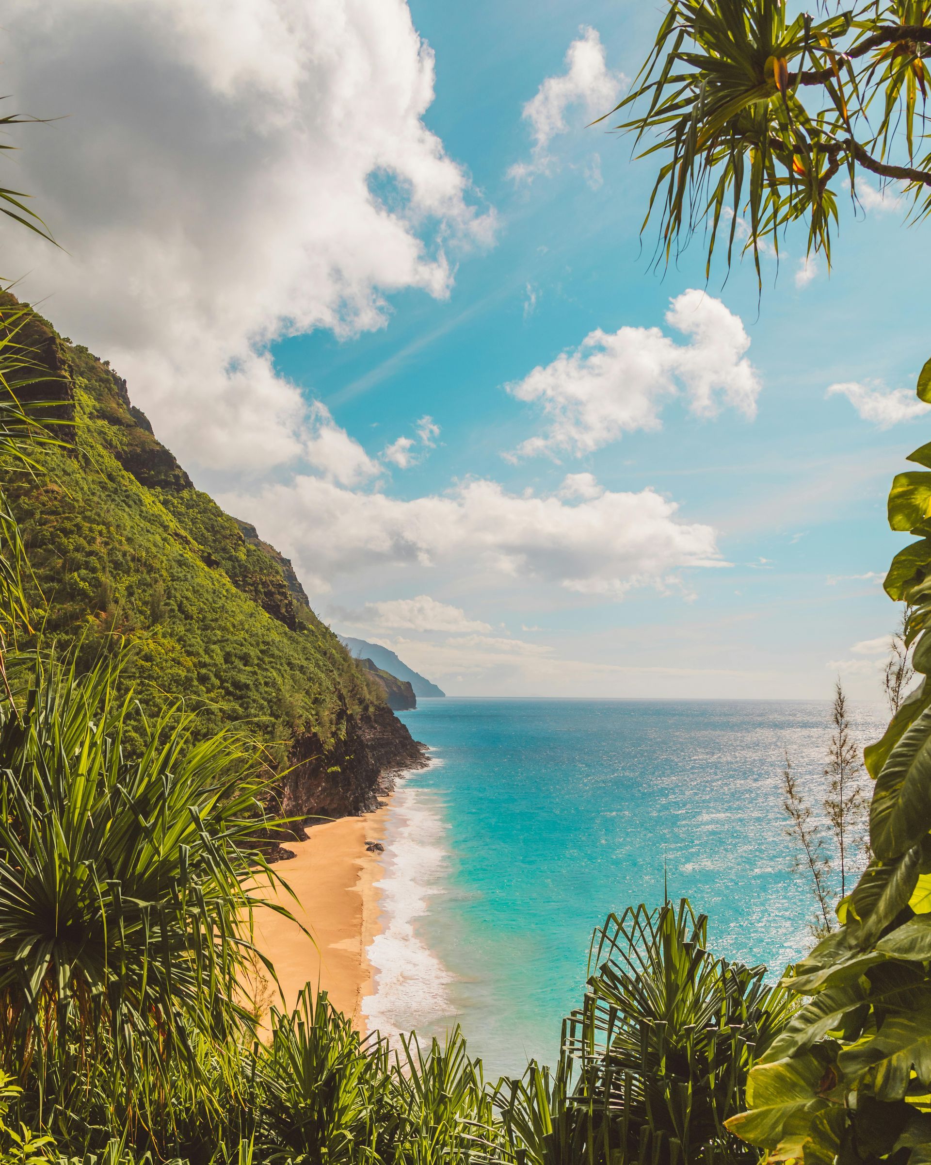 A lush green cliffside overlooks a golden sandy beach and vibrant turquoise ocean under a bright, partly cloudy sky.