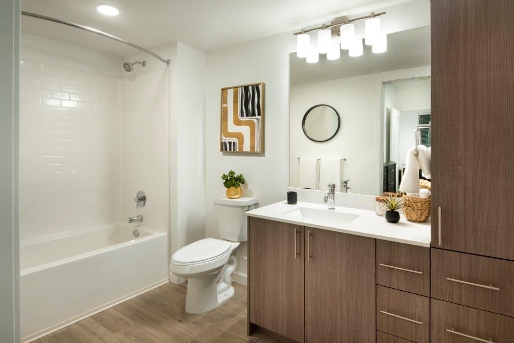 Bathroom with a white countertop vanity, single sink, mirror, towel bars, and a tub/shower combo.