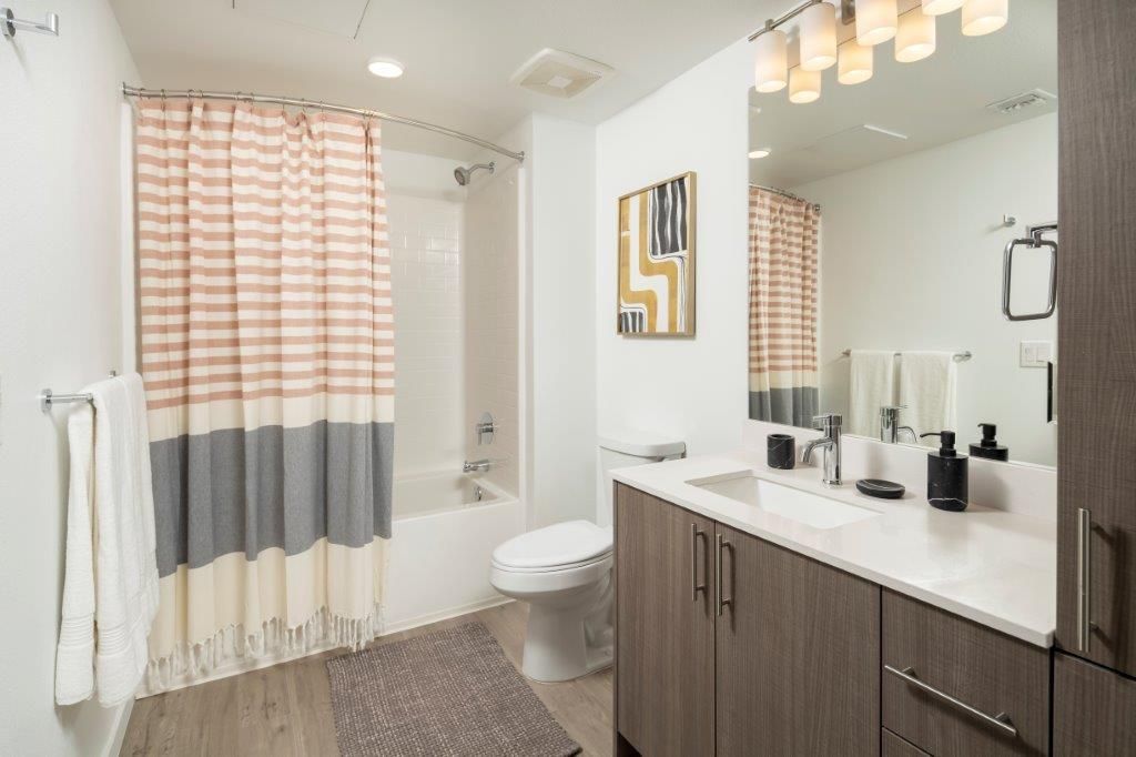 Bathroom in an apartment with a single-sink vanity, toilet, tub/shower, and striped shower curtain.