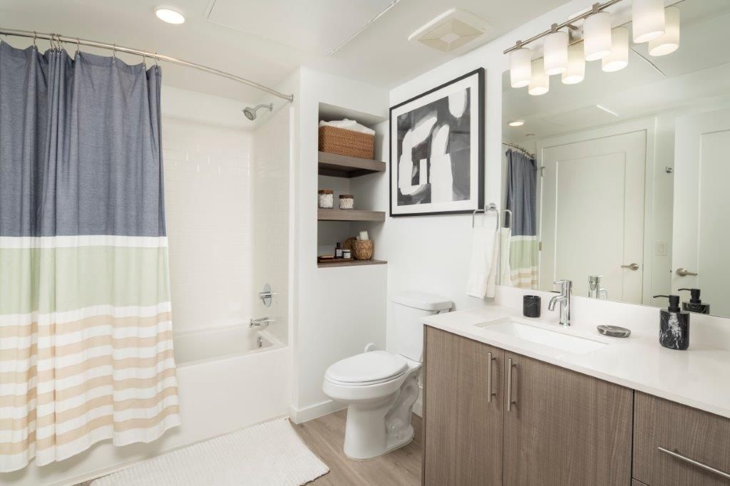 Apartment bathroom with vanity, toilet, tub/shower, and striped shower curtain
