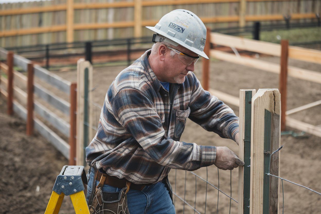 A man wearing a hard hat is working on a fence.