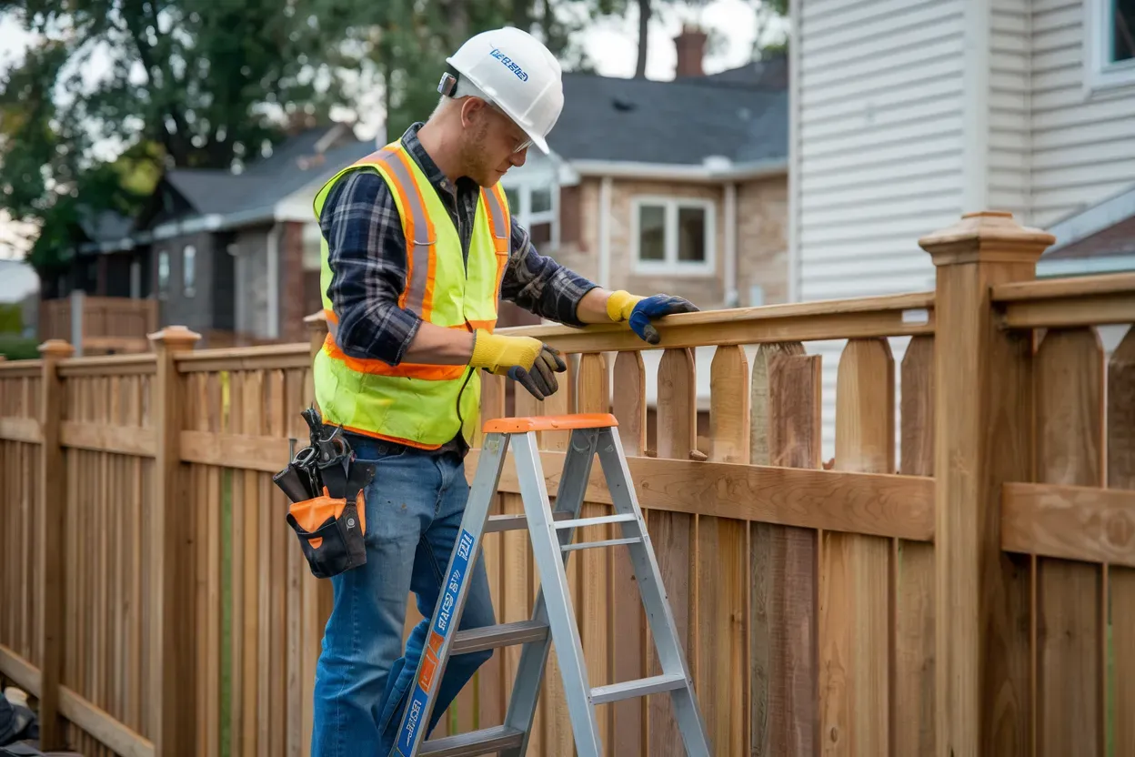 A man is standing on a ladder fixing a fence.
