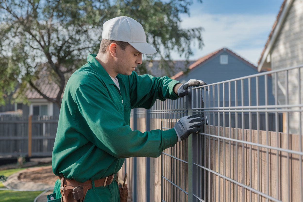 Man in green work suit installing metal fence outdoors.