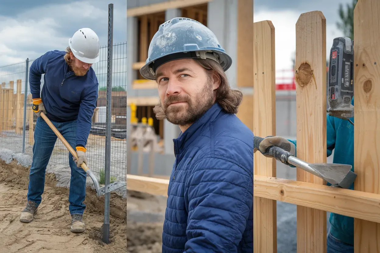 A man wearing a hard hat is working on a wooden fence.