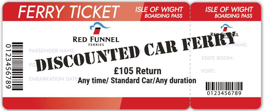 Red Funnel ferry ticket for a discounted return trip to the Isle of Wight, featuring a barcode and a £105 price tag.