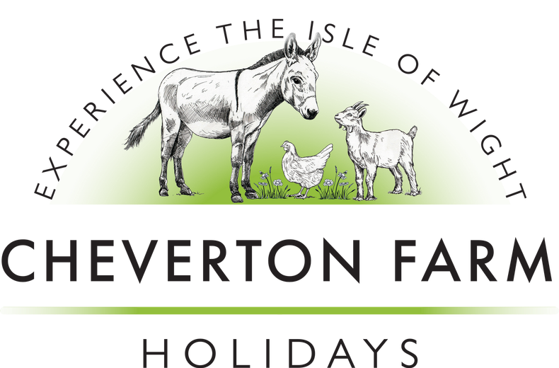 Logo for Cheverton Farm Holidays featuring an illustration of a donkey, chicken, and goat with text about Isle of Wight.