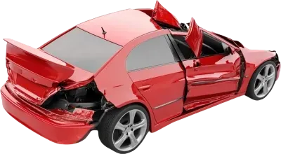 A red car with its doors open is damaged in a car accident.