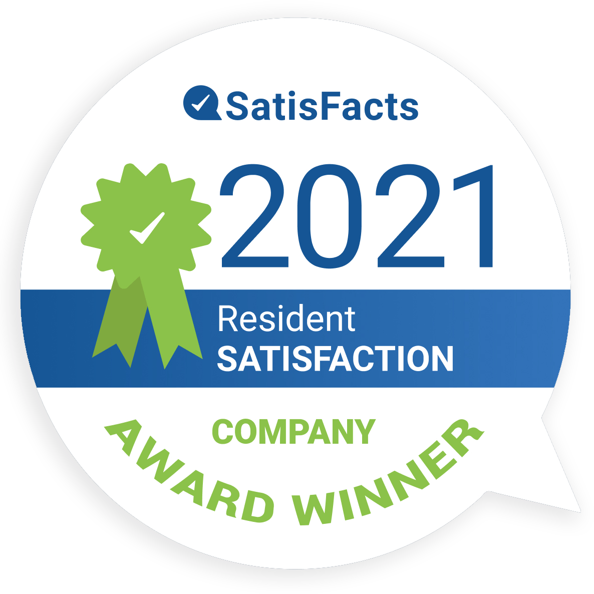 A sticker that says satisfaction 2021 resident satisfaction company award winner.