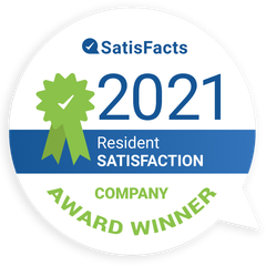 A sticker that says satisfaction 2021 resident satisfaction company award winner.