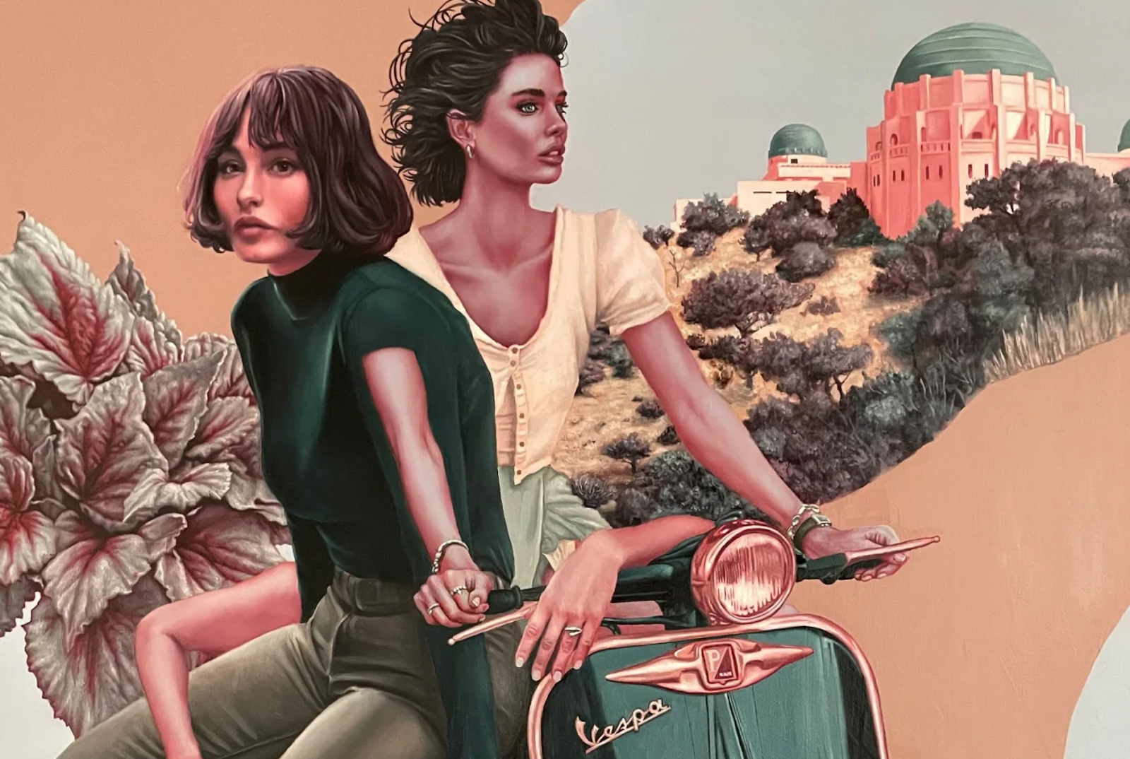 Painting by Jason Farley shwo two women on a moped riding along an abstract lanscape of a building