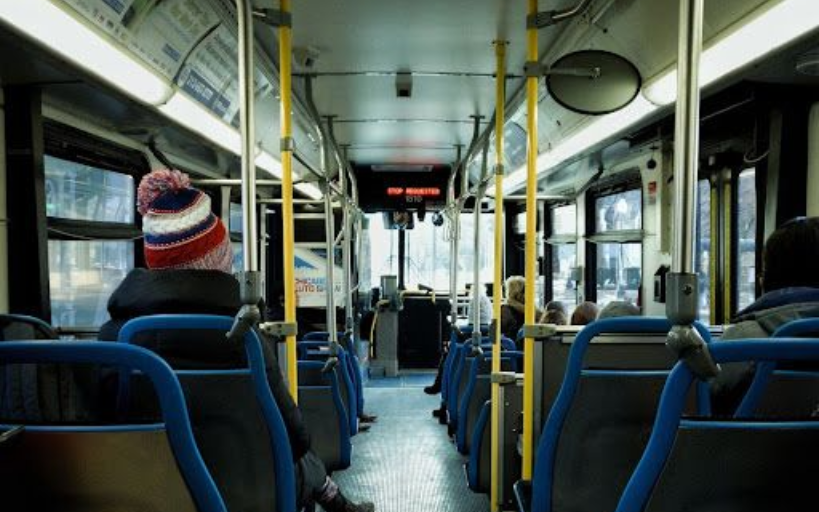 Interior view of a bus.