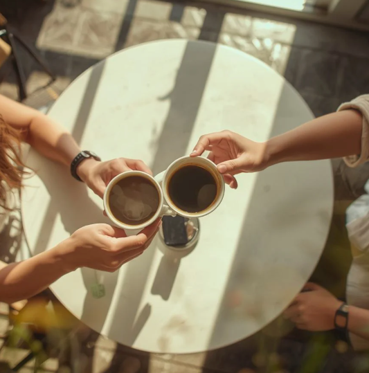Two people toasting coffee cups over a white table, sunlight streaming in.