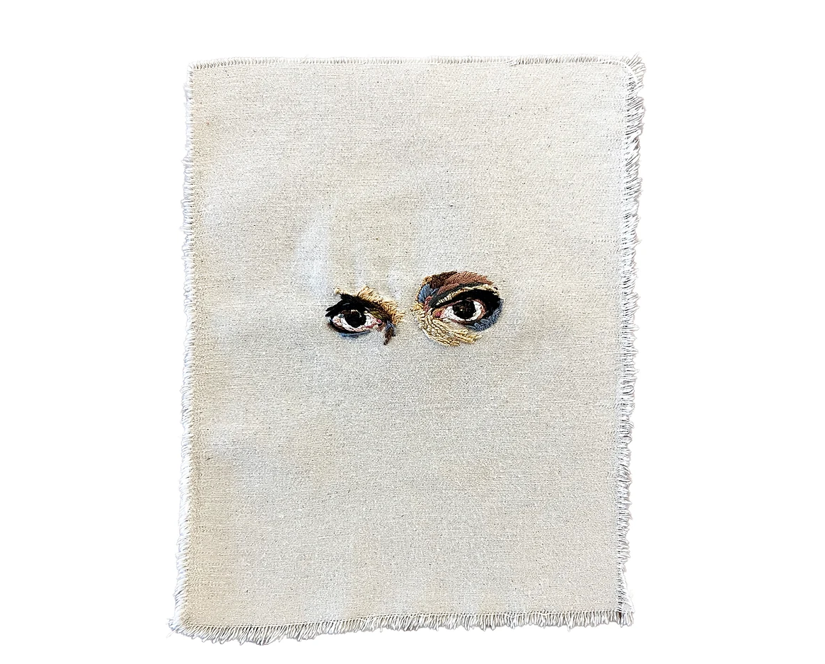 Textile with a painting of two ominous eyes only looking at you by Swen Swihart-Decoster