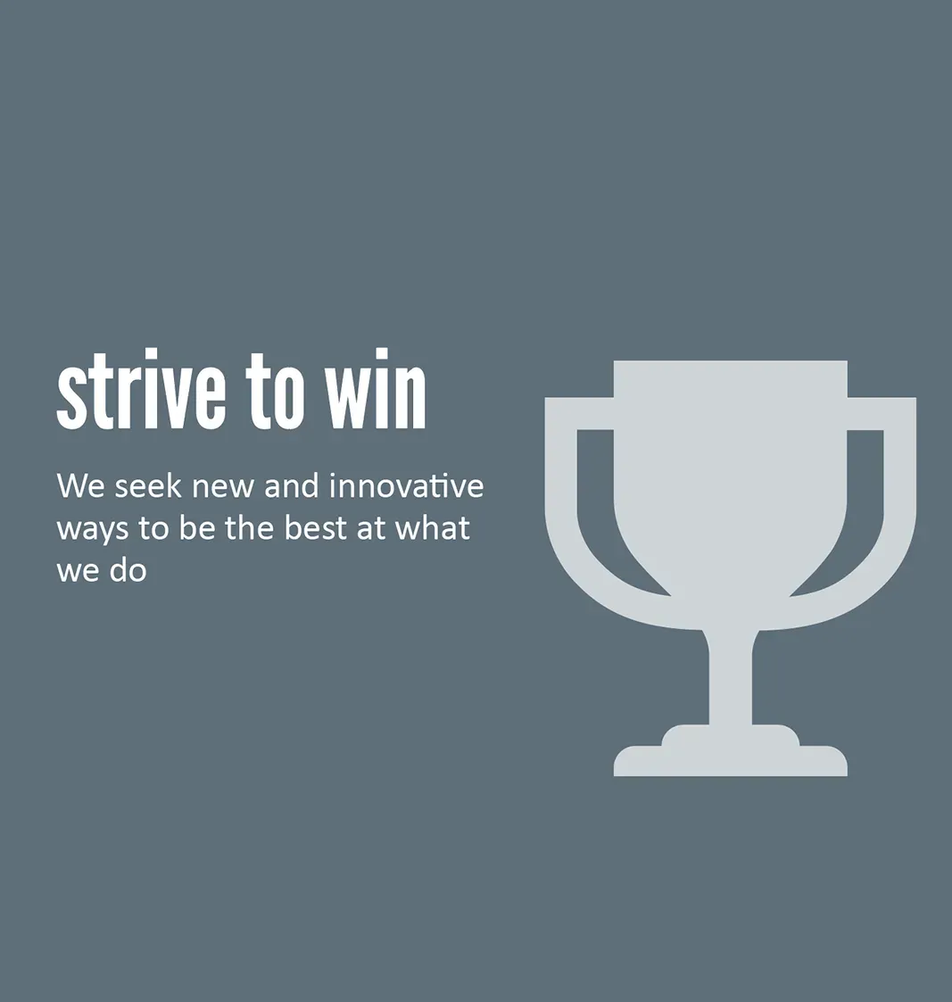 A picture of a trophy with the words strive to win on it.