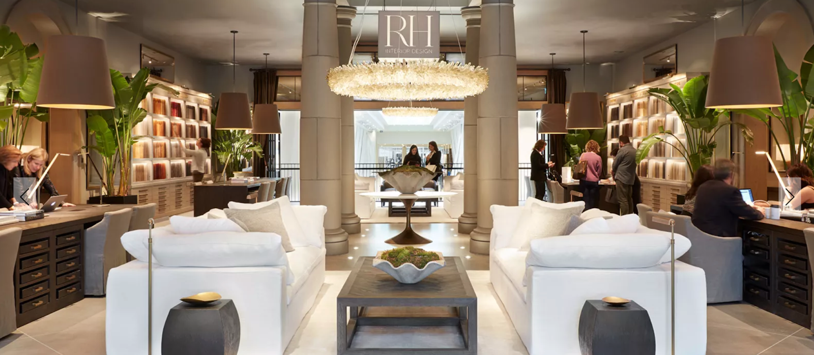 An elegant, symmetrically designed RH showroom with plush white sofas, a large crystal chandelier, and office desks.