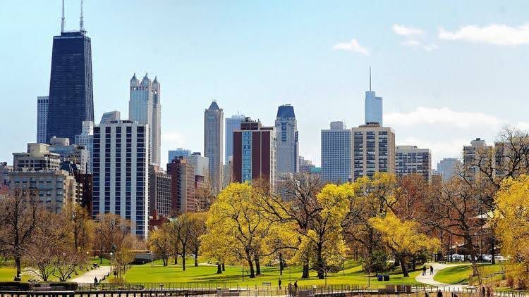 Chicago skyline with skyscrapers behind a lush park filled with trees in autumn foliage under a bright blue sky.