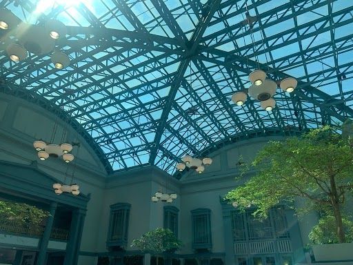Glass ceiling of a building with visible metal support structure and hanging lights.